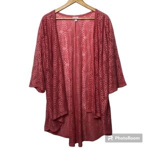 Lula Roe Kimono Womens Large Cardigan Lace Coral Pink Open Front Boho